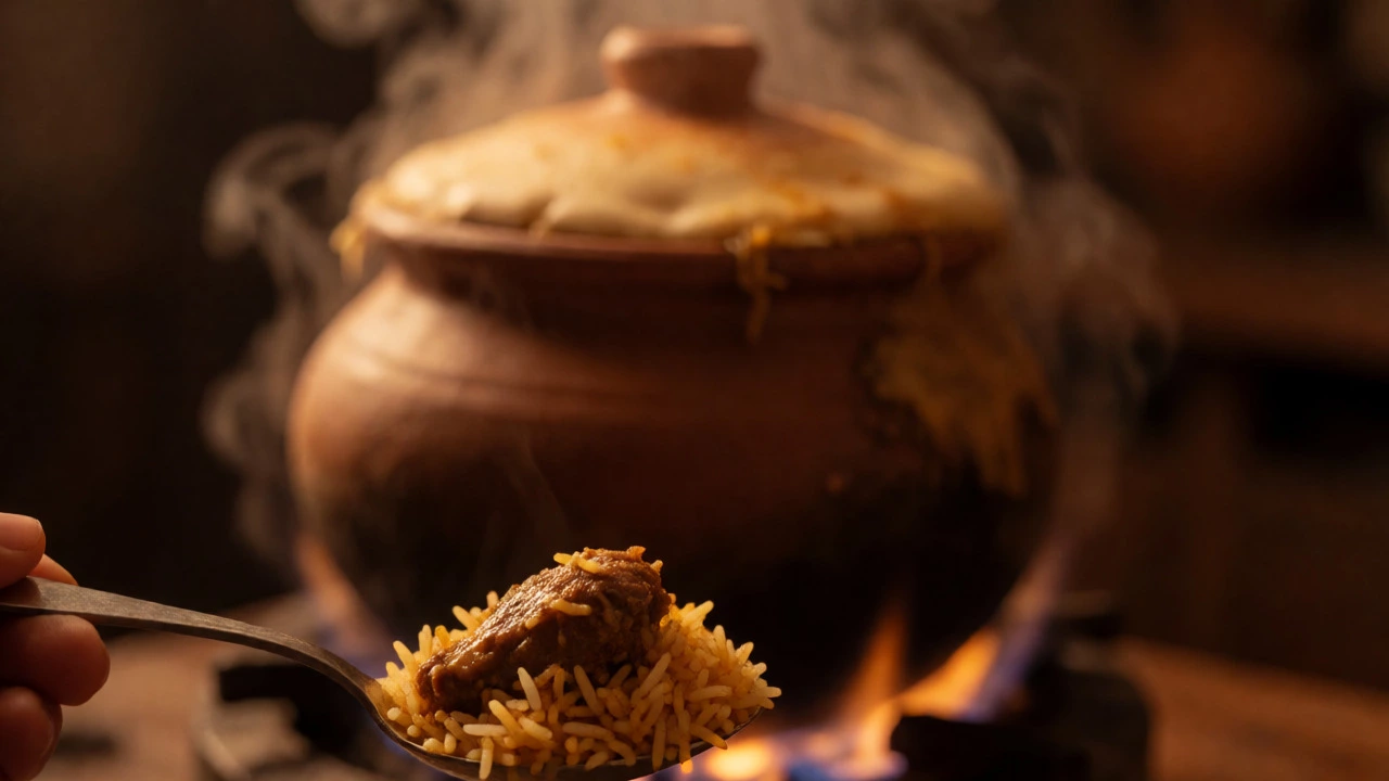 Sealed clay pot steaming with moist dum biryani