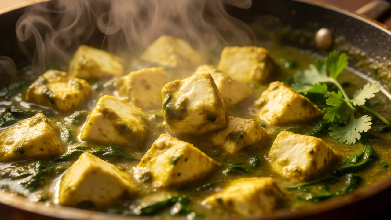 Soft paneer cubes simmering in a rich, green spinach curry.