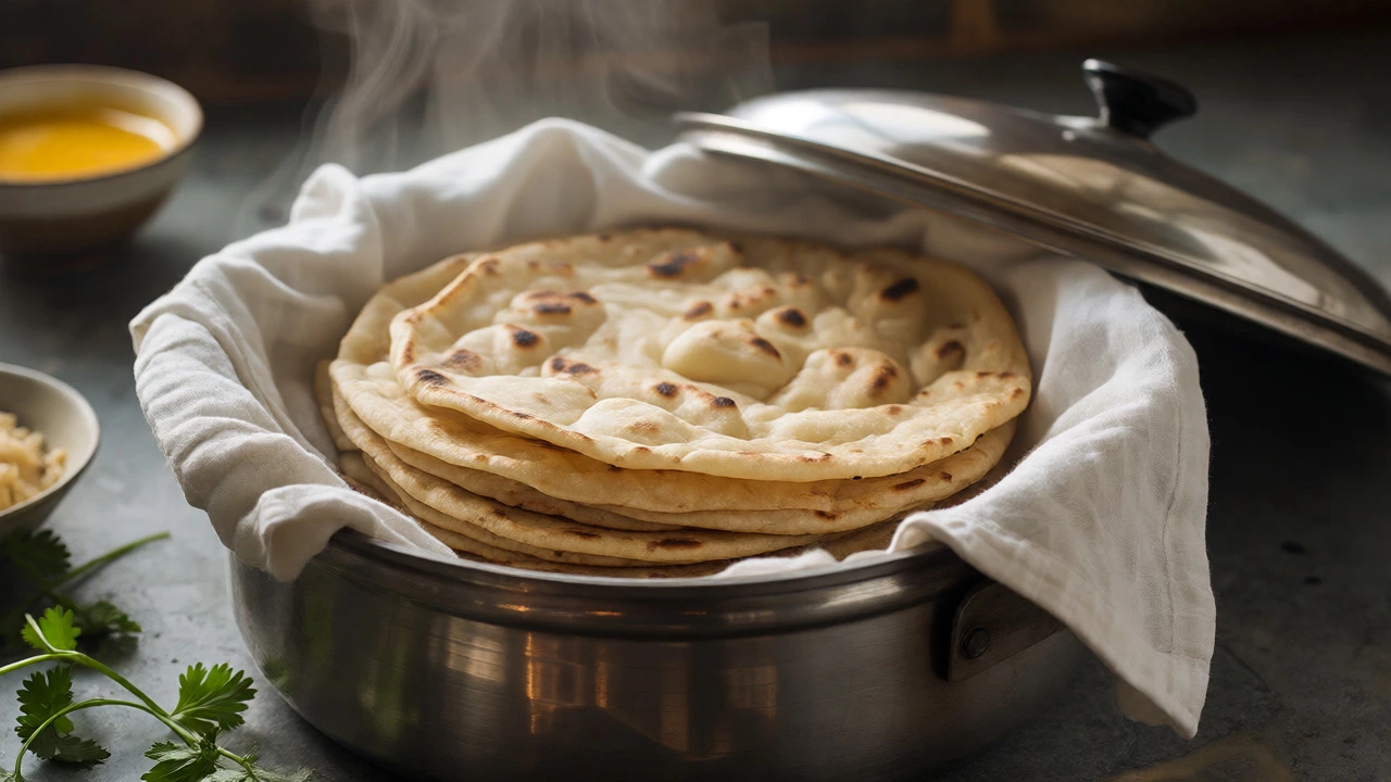 Stack of soft chapatis wrapped in a white cloth with steam escaping