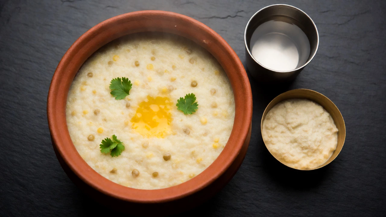 Steaming pot of Khichdi with ghee and cilantro on a dark surface