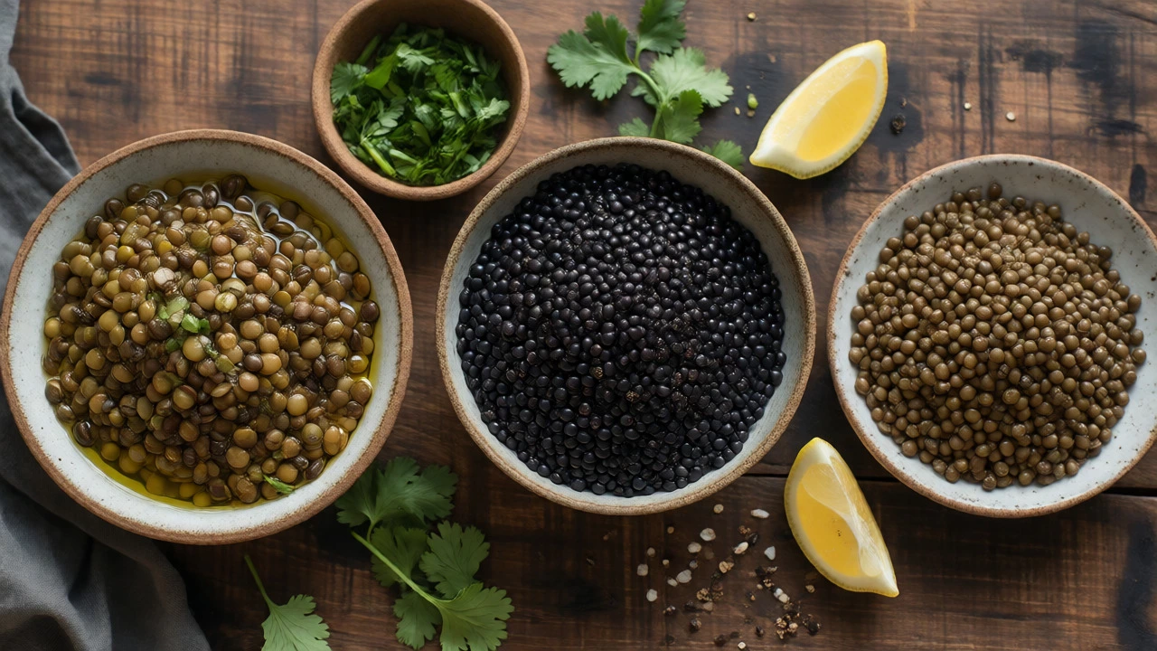 Three bowls displaying green, black, and Puy lentils on a wooden table.