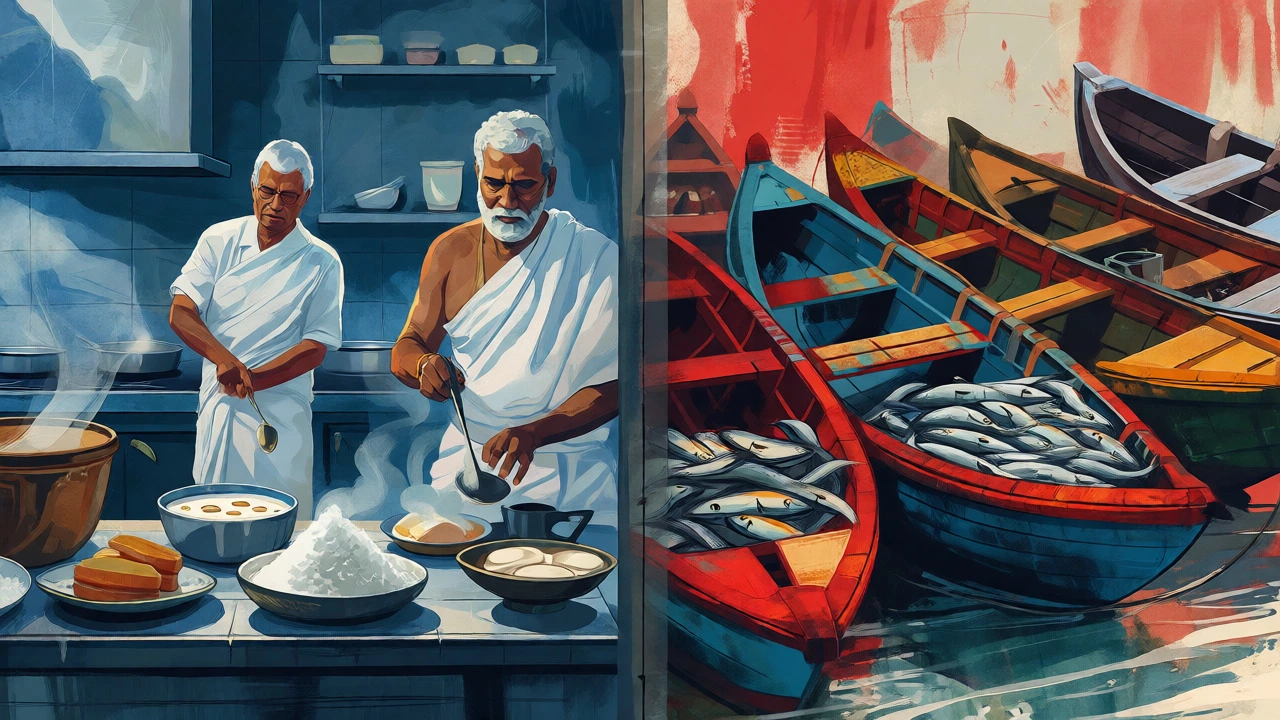 Artistic contrast between South Indian vegetarian temple kitchens and coastal seafood markets.