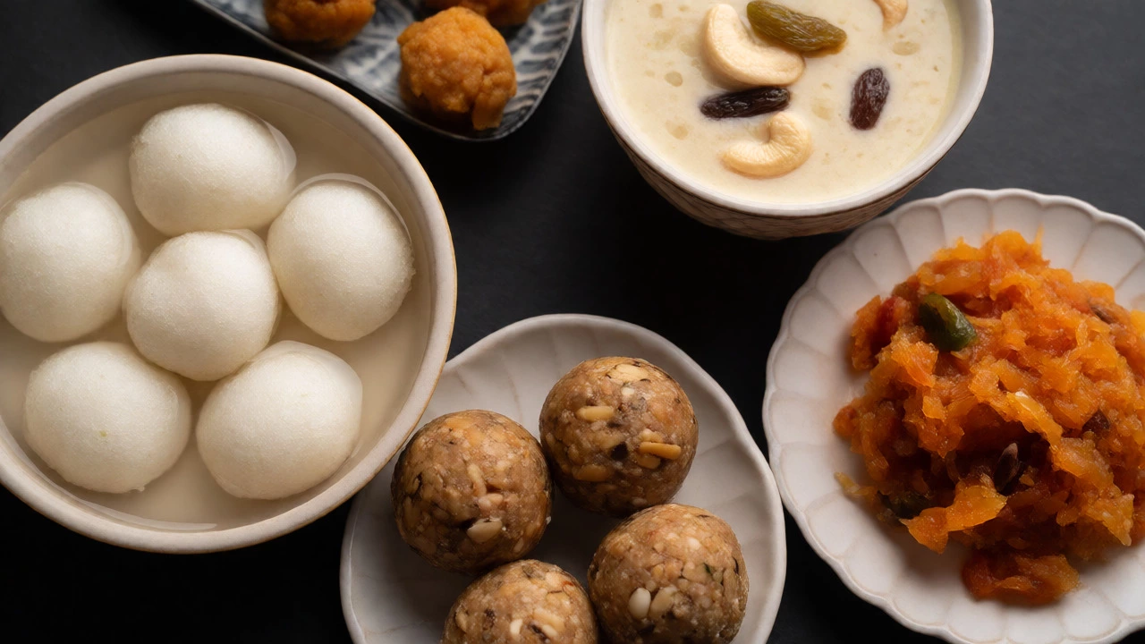 Assorted Indian sweets including Rasgulla, Ladoo, and Payasam