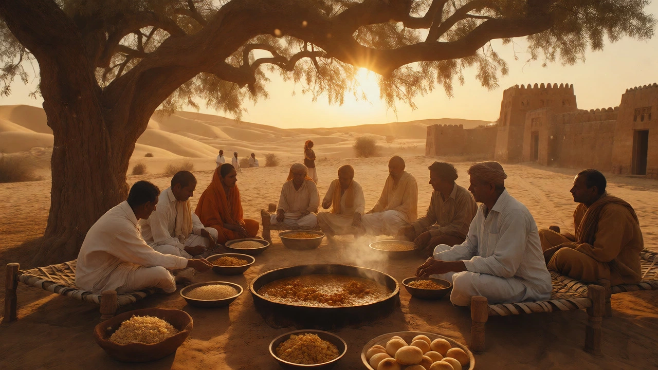 Rajasthani villagers enjoying a traditional Dal Baati Churma meal in a desert setting at sunset.