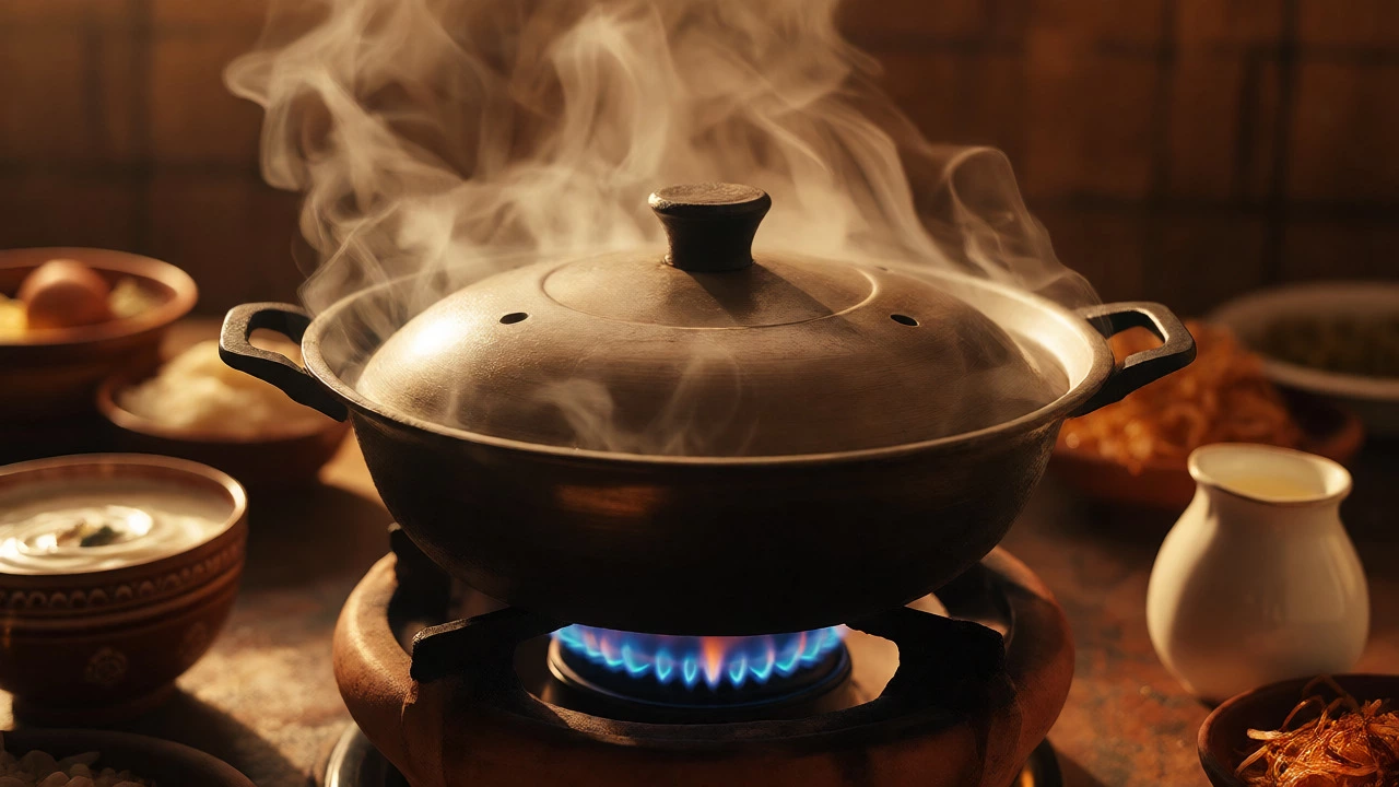 Sealed biryani pot steaming on a stove during dum cooking