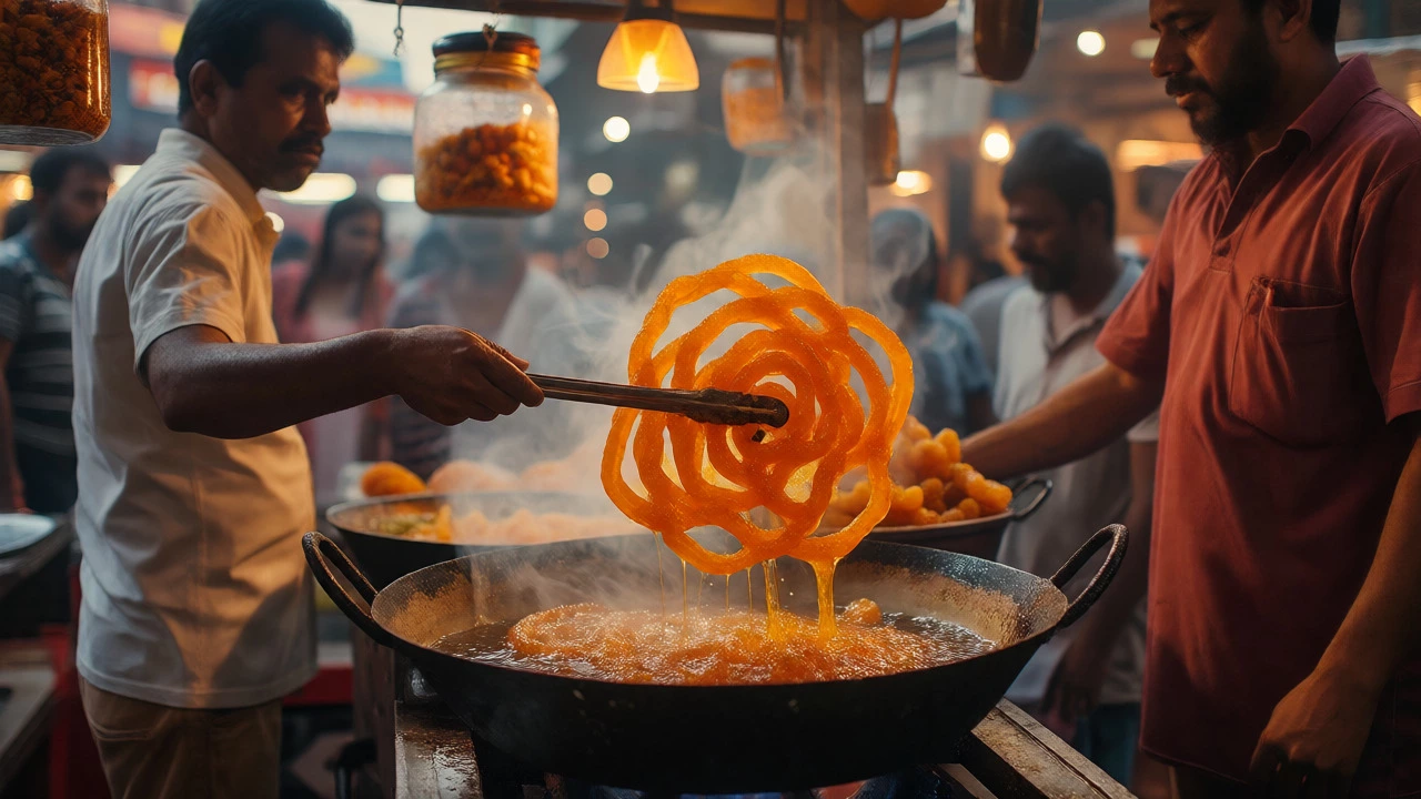Vendor frying crispy orange Jalebis in a busy Indian street market
